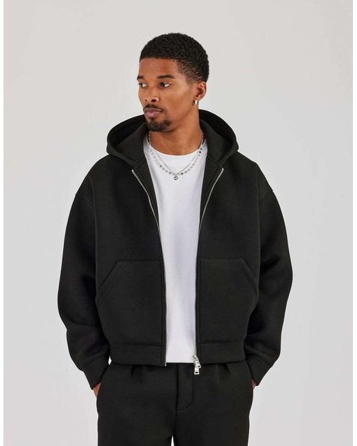 CERNUCCI Black Double Knit Zip Through Boxy Hoodie for men