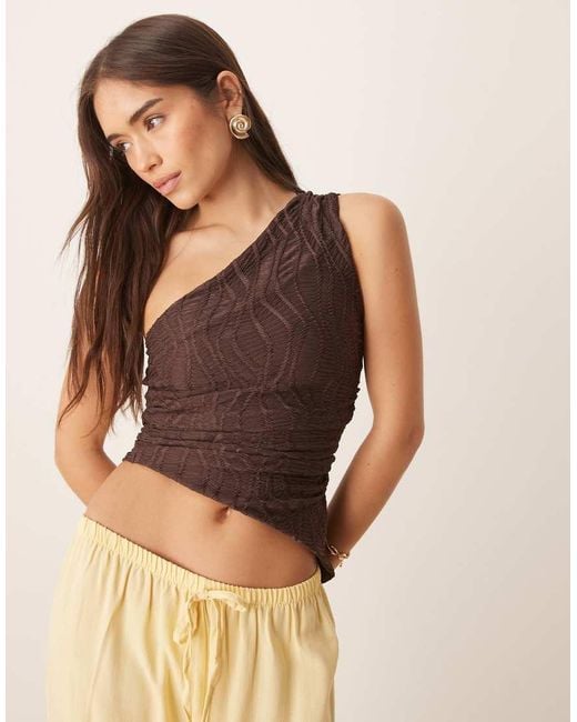 ASOS Brown Textured One Shoulder Top With Asymmetric Hem And Ruching Detail