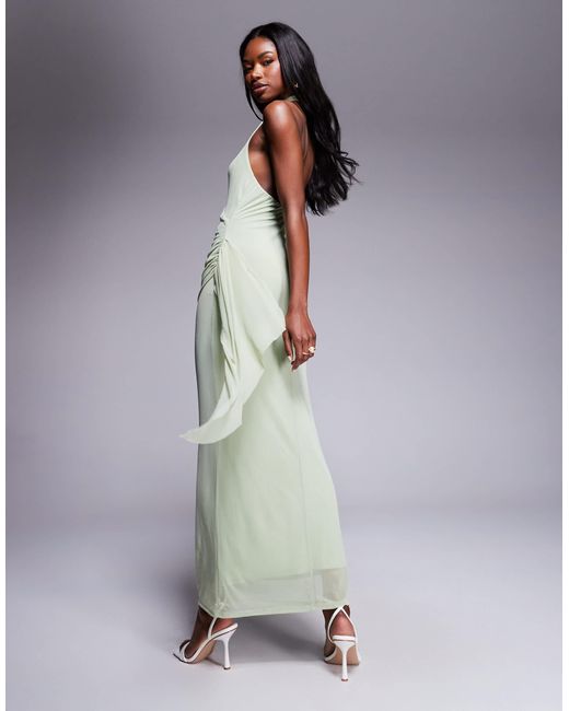 ASOS Purple Mesh Halterneck Midi Dress With Sweeping Sash Skirt