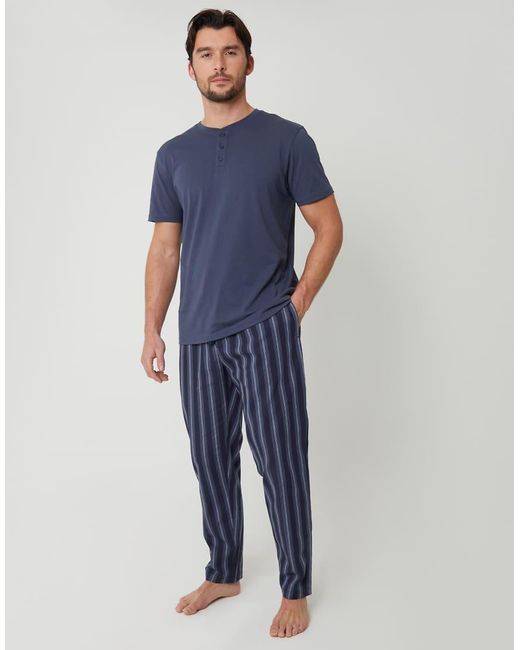 Threadbare Blue Stripe Grandad Fit Pyjama Set for men