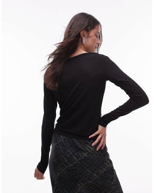 & Other Stories Black Supersoft Jersey Ruche Boat Neck Top With Long Sleeves