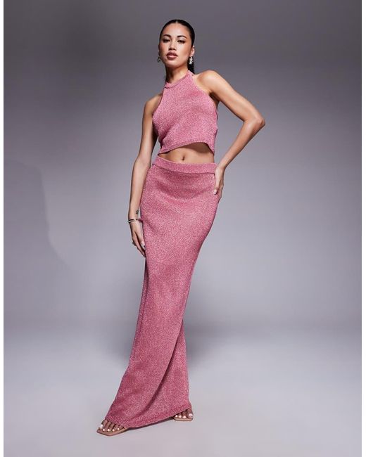 Aria Cove Pink Metallic Knit Halterneck Top Co-Ord