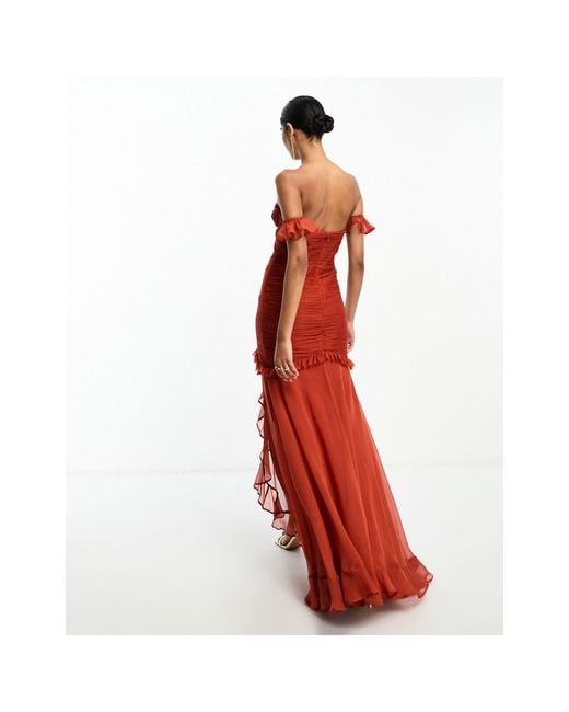 ASOS Red Bardot Ruched Detail High Low Maxi Dress