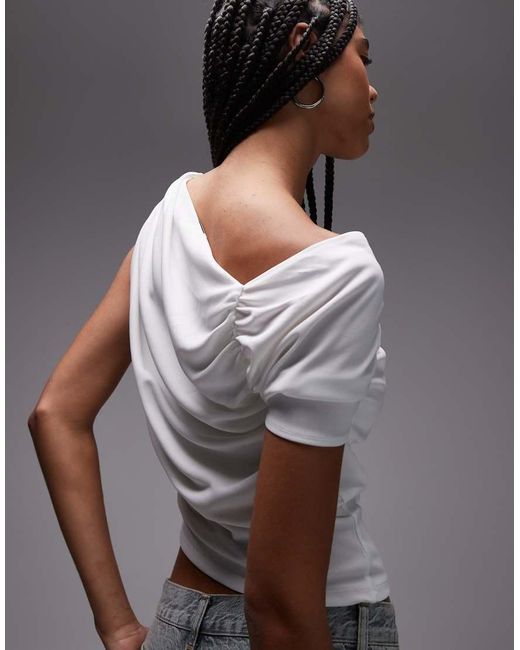 TOPSHOP Gray Ruched Detail One Shoulder Top