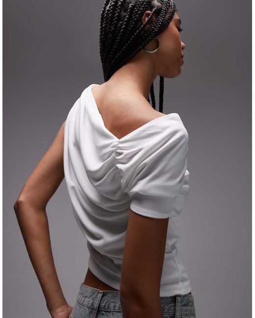 TOPSHOP Gray Ruched Detail One Shoulder Top