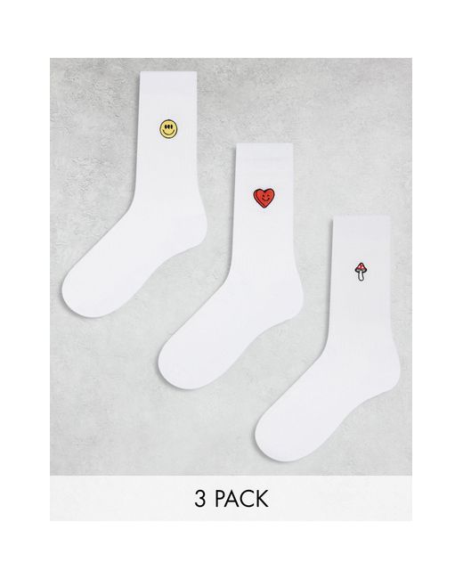 ASOS White 3 Pack Sock With Mushroom, Smile And Heart Embroidery for men