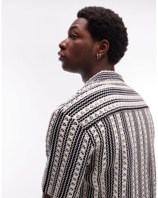 Topman Black Short Sleeve Relaxed Crochet Stripe Shirt for men