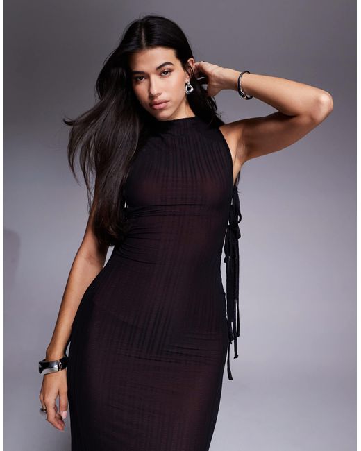 ASOS Blue Open Side Tied Maxi Dress With High Neck And Contrast Lining