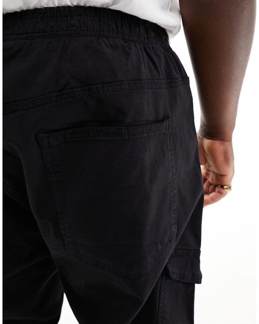 Threadbare Black Dtt Plus Slim Fit Garment Dyed Cuffed Cargo Trousers for men