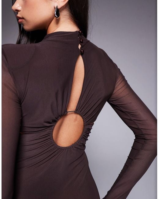 ASOS Purple Mesh Long Sleeve Cut Out Maxi Dress With Ring Detail Back