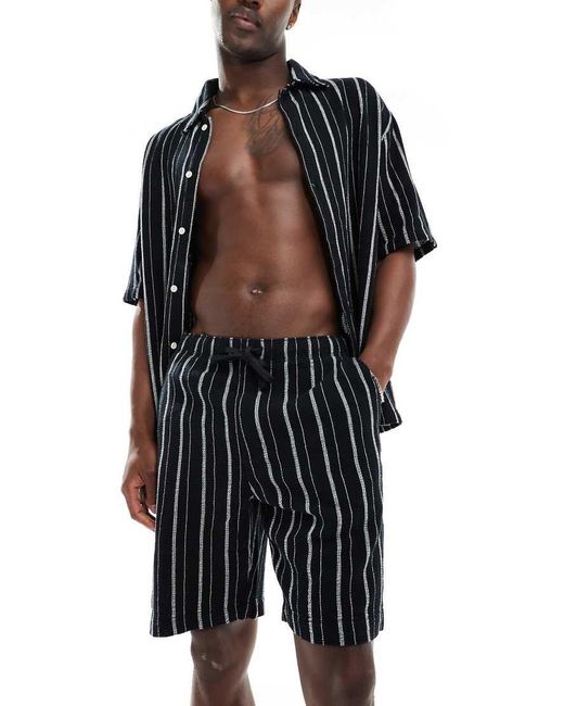 Bershka Black Textured Stripe Co-ord Short for men