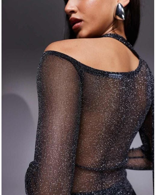 ASOS Blue Glitter Mesh Scarf One Shoulder Top
