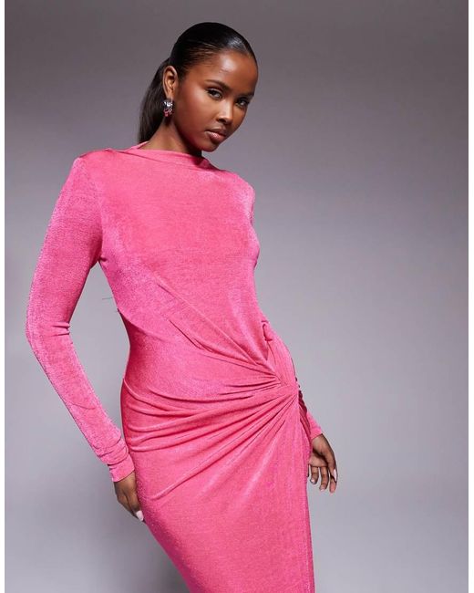 DASKA Pink Stretch Long Sleeve High Neck Twist Detail Maxi Dress