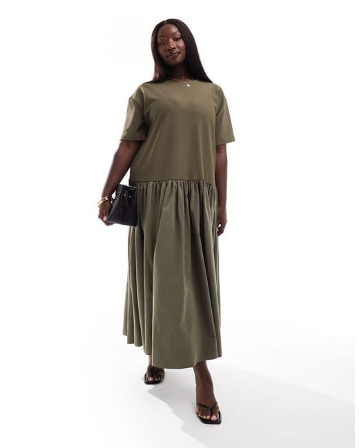 ASOS Green Curve Jersey Contrast Fabric Tshirt Dress With Drop Waist