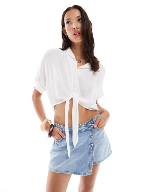 ONLY White Knot Front Cropped Shirt