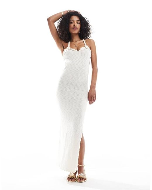 Bershka White Flower Applique Knitted Maxi Dress