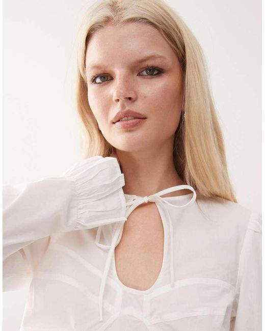 Monki White Keyhole Long Sleeve Top With Peplum Detail