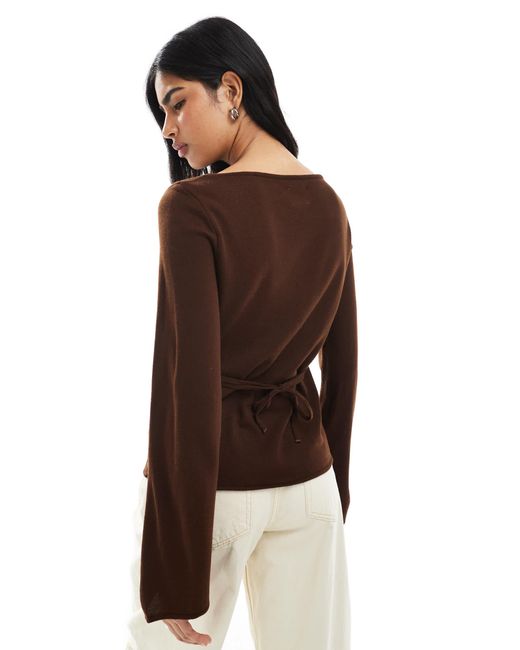 ASOS Brown Open Neck Knitted Top With Tie Back Cinched Waist
