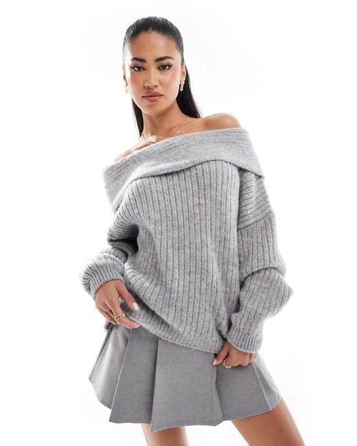 ASOS Gray Oversized Knitted Off Shoulder Jumper
