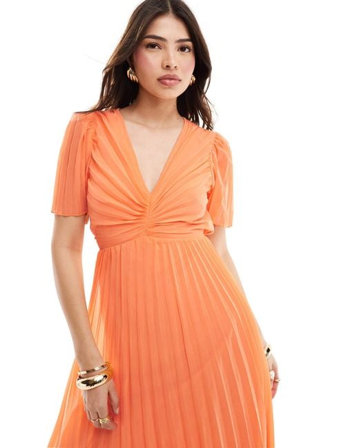 ASOS White Pleated Bodice Flutter Sleeve Pleat Midi Dress