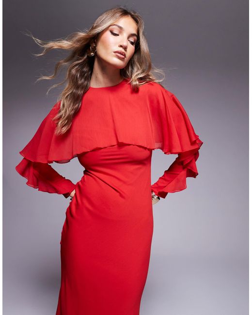 ASOS Long Sleeve Ruffle Bias Maxi Dress With Cape Detail in Red | Lyst