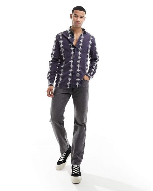 ASOS Blue Relaxed Shirt With Contrast Broderie Stripe for men