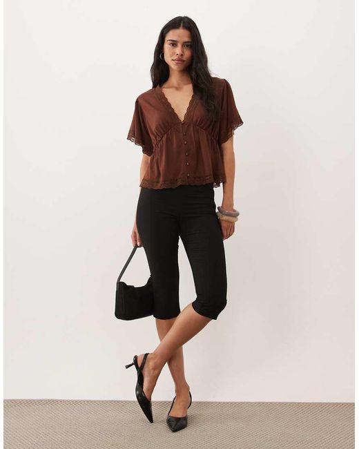 Miss Selfridge Brown Button Through Tea Top With Lace Trim