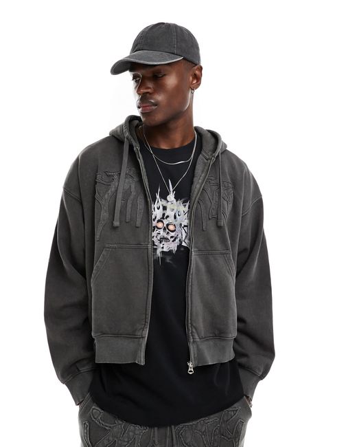 Weekday Boxy Hoodie Met Rits En 'destiny'-borduursel in het Black voor heren