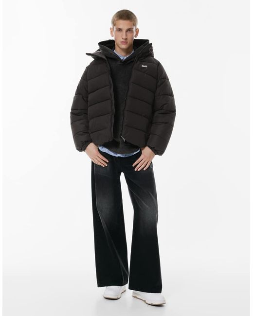 Pull&Bear Black Stwd Hooded Puffer Jacket for men
