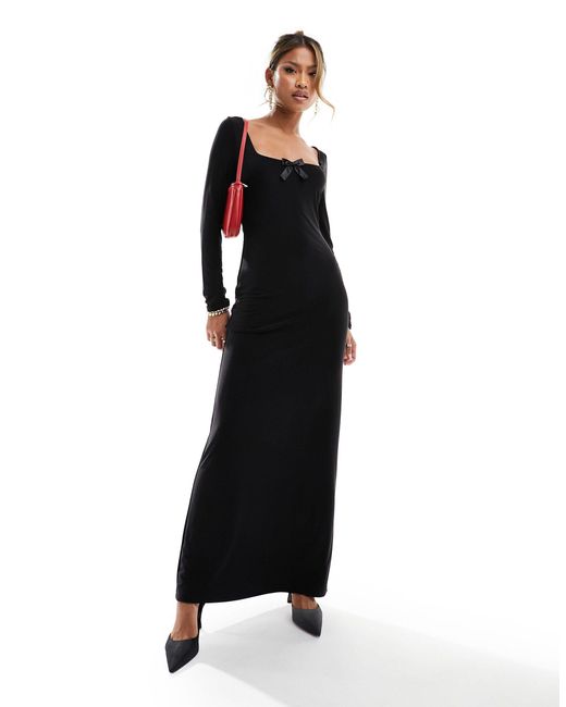 Fashionkilla Black Slinky Square Neck Bow Detail Maxi Dress
