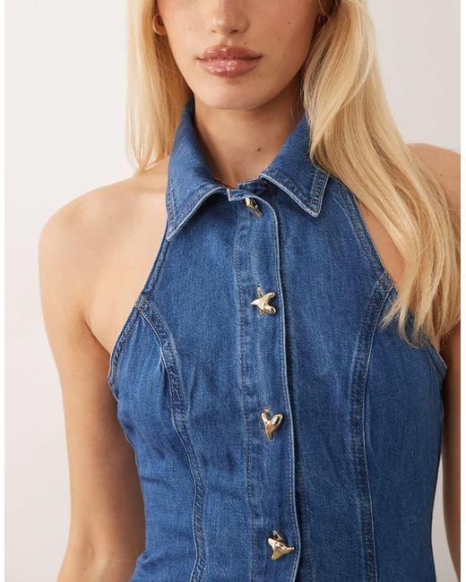 ASOS Blue Denim Pleated Midi Dress With Heart Buttons
