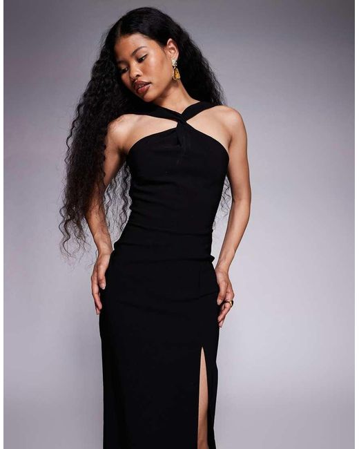 Vesper Petite Black Bengaline Twist Front Halter Neck Side Split Midaxi Dress