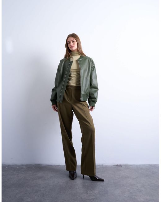 TOPSHOP Green – kragenlose oversize-bomberjacke aus kunstleder mit vintage-waschung