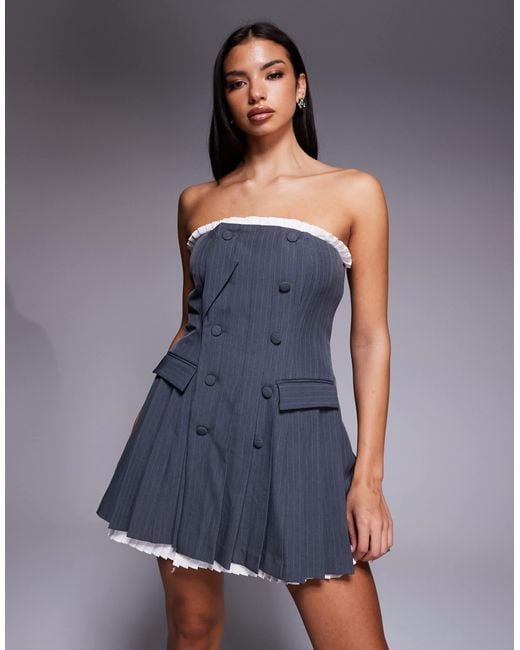 ASOS Blue Tailored Bandeau Blazer Mini Dress With Pleated Poplin
