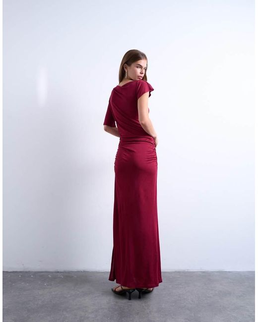 TOPSHOP Red Short Sleeve Asymmetric Slinky Maxi Dress
