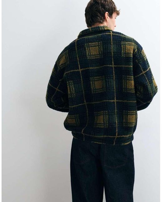 ASOS Blue Oversized Borg Quarter Zip With Check Print for men