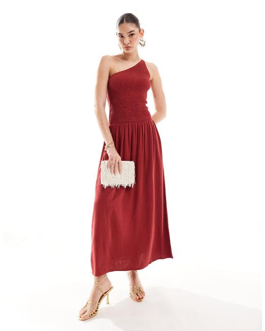 4th & Reckless Linen Blend Shirred One Shoulder Drop Waist Maxi Dress