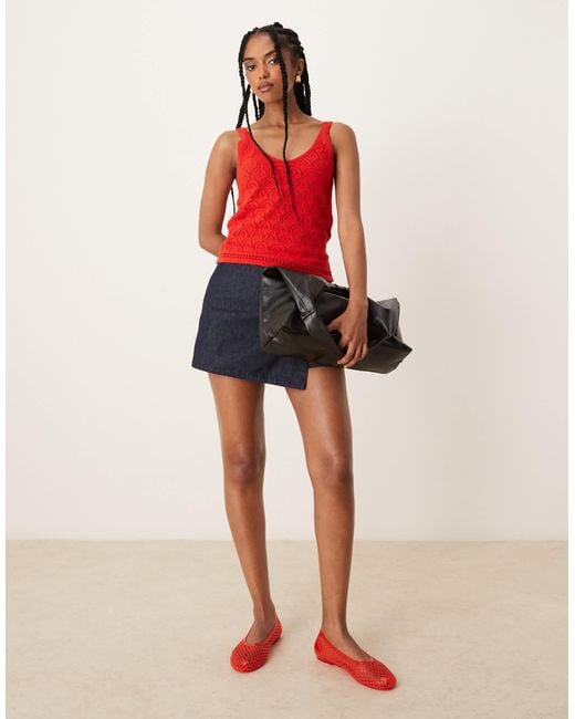 Mango Red Straight Fit Open Knit V-neck Vest