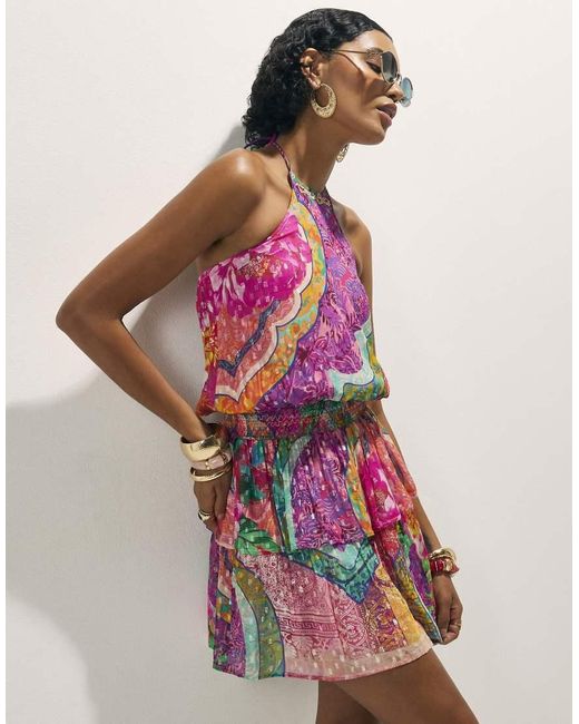 River Island Pink Halter Shirred Waist Mini Dress
