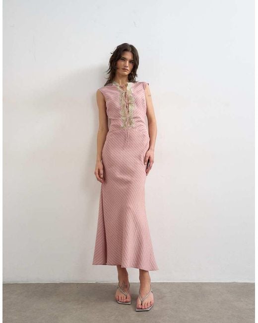 TOPSHOP Pink Delicate Tie Front Maxi Dress With Lace Insert