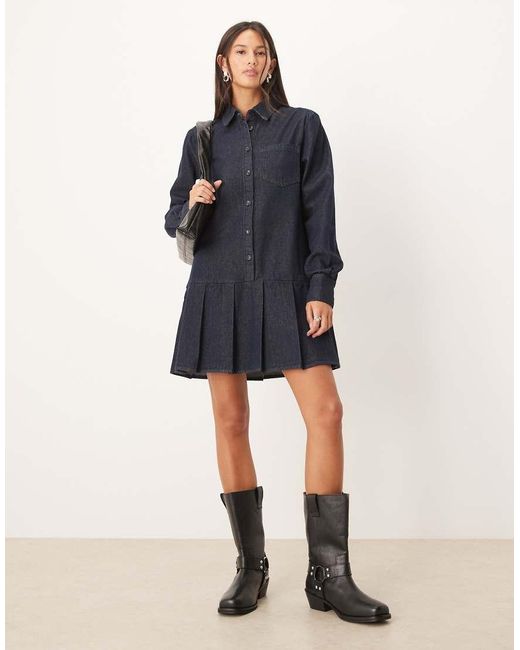 Glamorous Blue Drop Waist Pleated Mini Denim Dress