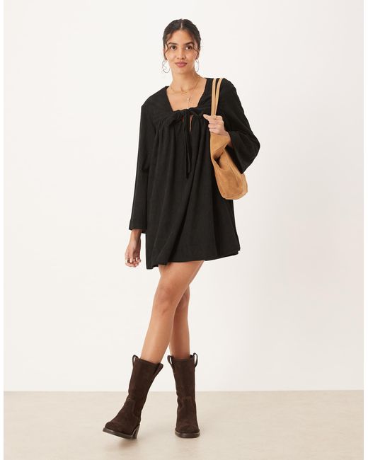 ASOS Cord Tie Front Mini Smock Dress in Black | Lyst