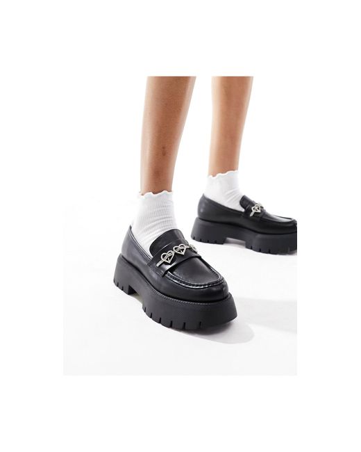 Daisy Street Black Chunky Loafers With Heart Chain