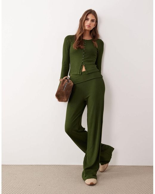 ASOS Green Co-ord Rib Fold Over Waist Trouser With Ruched Detail