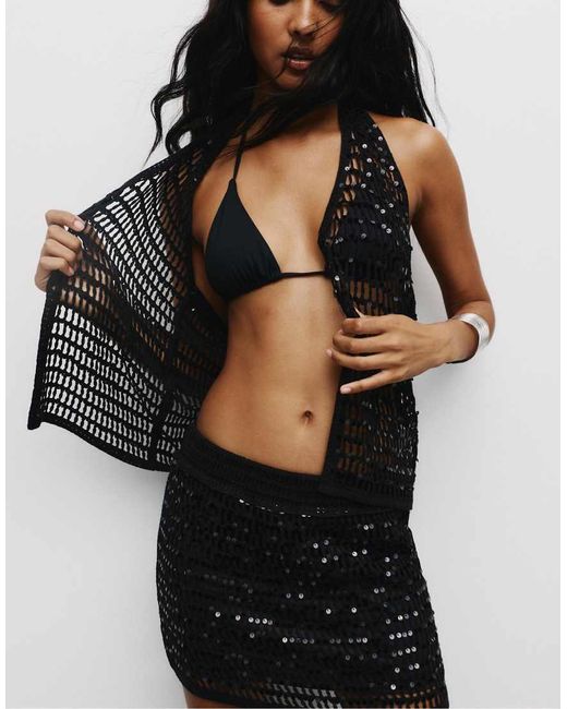 Pull&Bear Gehaakte Mini Rok Met Lovertjes in het Black