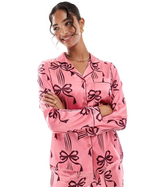 Chelsea Peers Pink Satin Long Sleeve Revere Pajama Set