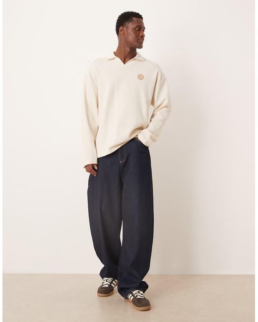 ASOS Natural Heavyweight Waffle Oversized Long Sleeve T-shirt With Embroidered Smile for men
