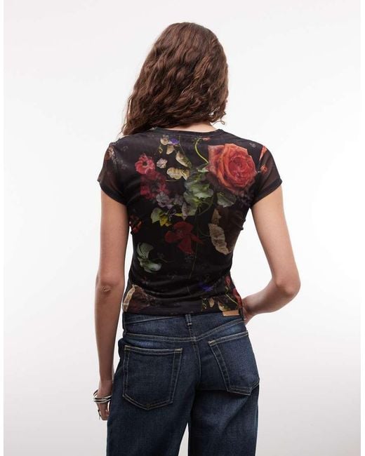 AllSaints Brown Ellie Mesh Short Sleeve Floral Top