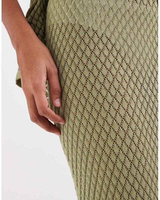 Pretty Lavish Green Pointelle Longline Maxi Skirt Co-Ord With Floral Broach