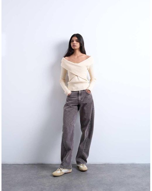 TOPSHOP Gebreide Top Met Omslag En Lange Mouwen in het White